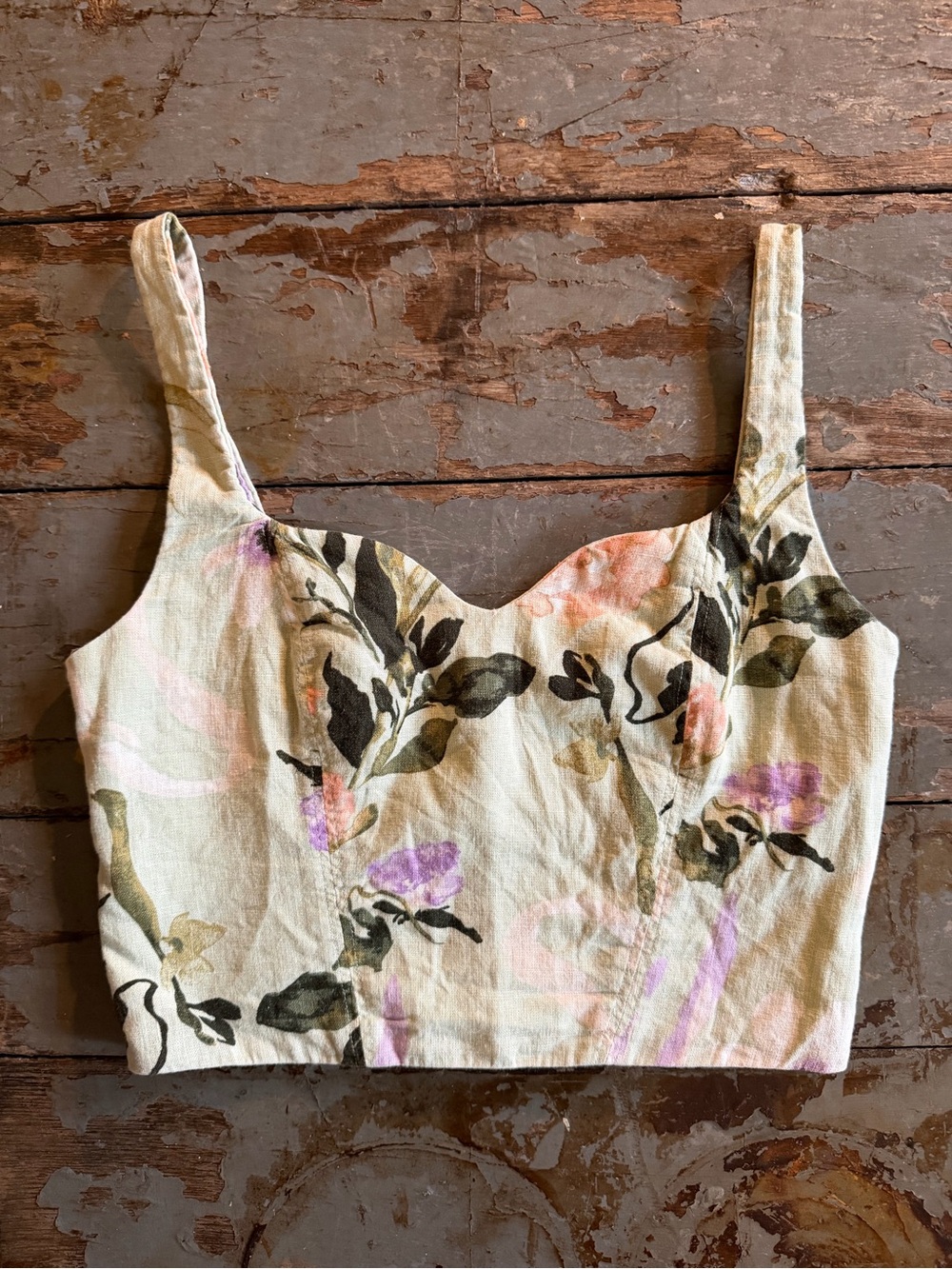 Abercrombie & Fitch VictorianMint Floral Linen-Blend Cropped Tank w Cinched Back